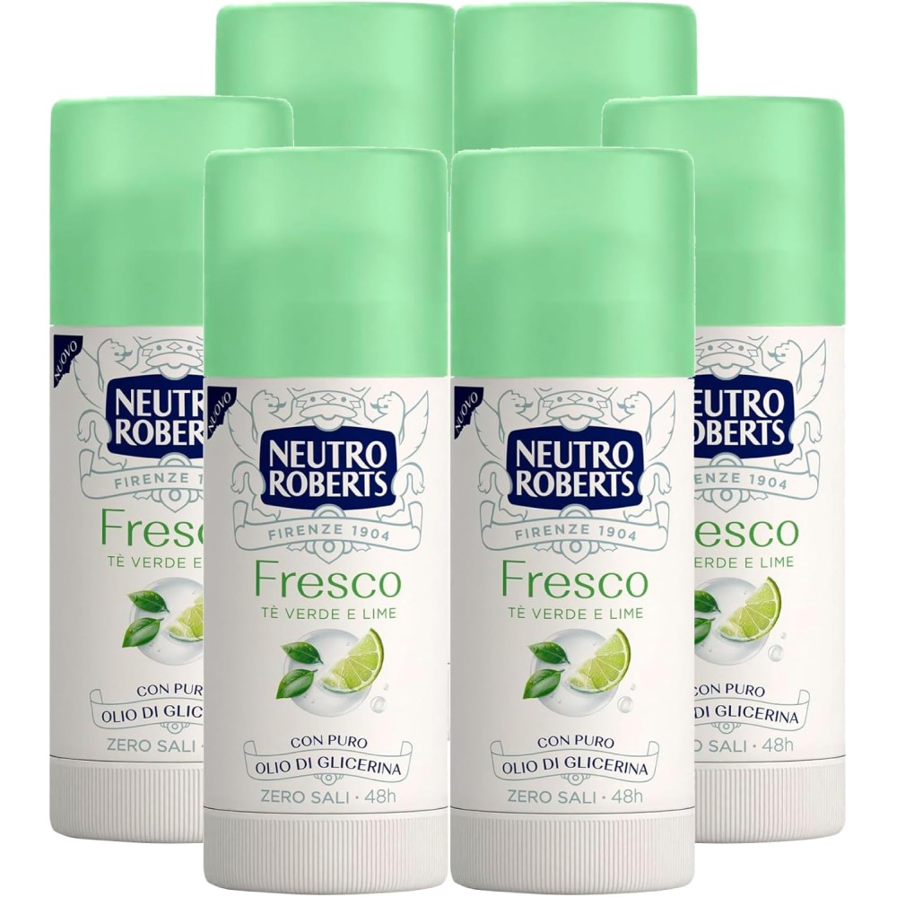 6x Neutro Roberts Deodorante Stick Fresco Zero Sali Efficace 48h Profumo Tè Verde e Lime - 6 Flaconi da 40ml