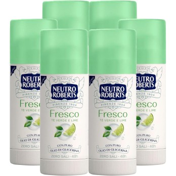 6x Neutro Roberts Deodorante Stick Fresco Zero Sali Efficace 48h Profumo Tè Verde e Lime - 6 Flaconi da 40ml