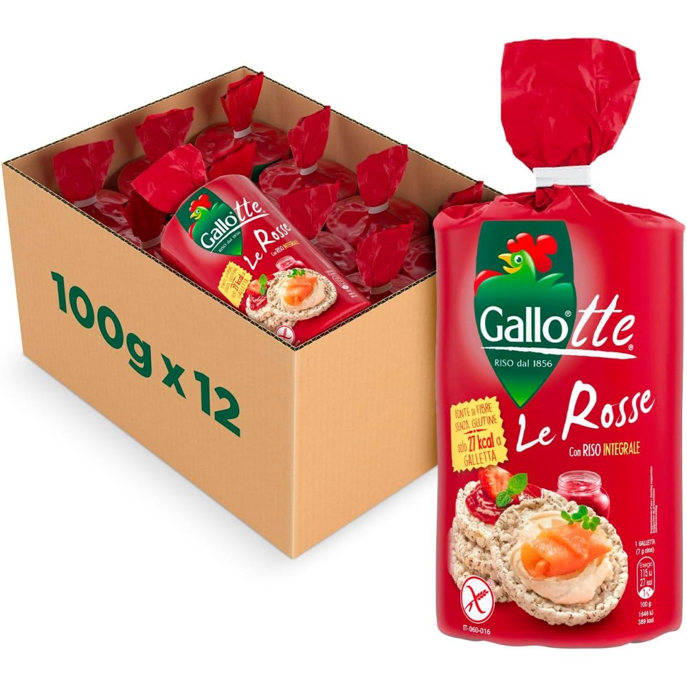 Riso Gallo Gallotte Le Rosse, Gallette con Riso Integrale Senza Glutine, 12 x 100gr
