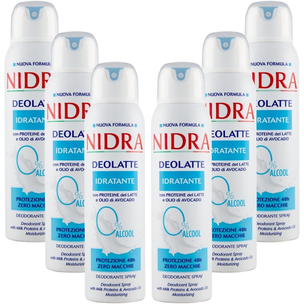 NIDRA | Deolatte Spray Idratante, 6x150 ml Con Proteine del Latte e Olio di Avocado,