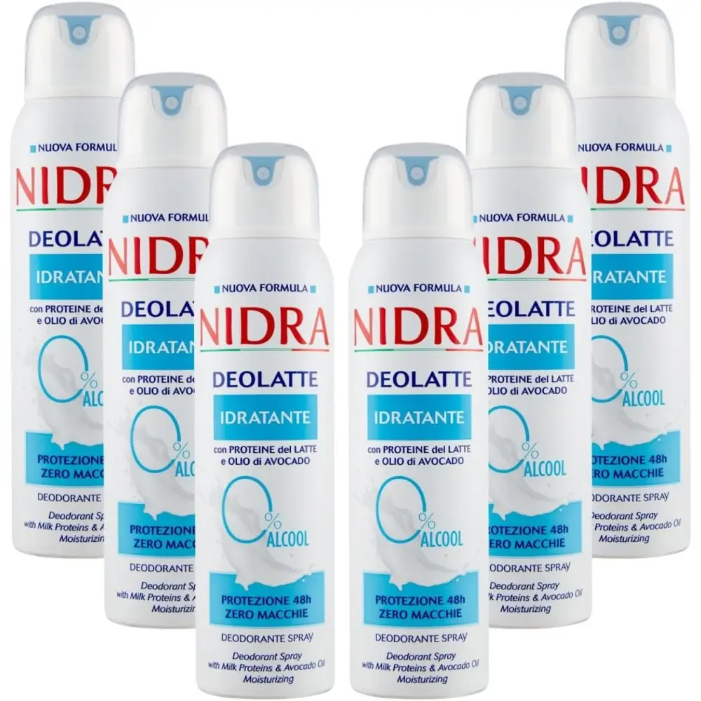 NIDRA | Deolatte Spray Idratante, 6x150 ml Con Proteine del Latte e Olio di Avocado,