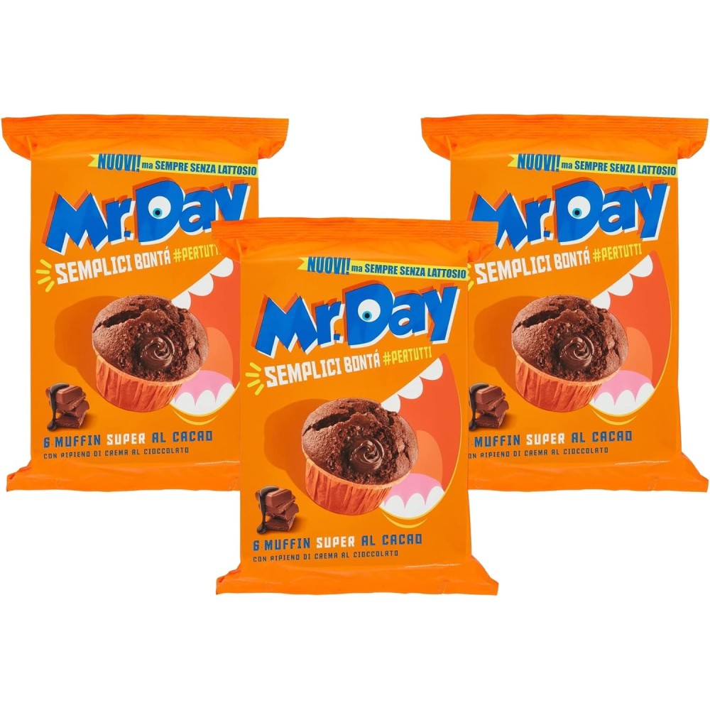 3X Mr. Day Muffin al Cacao Ripieno di Crema al Cioccolato Senza Lattosio (Lactose Free) 300g