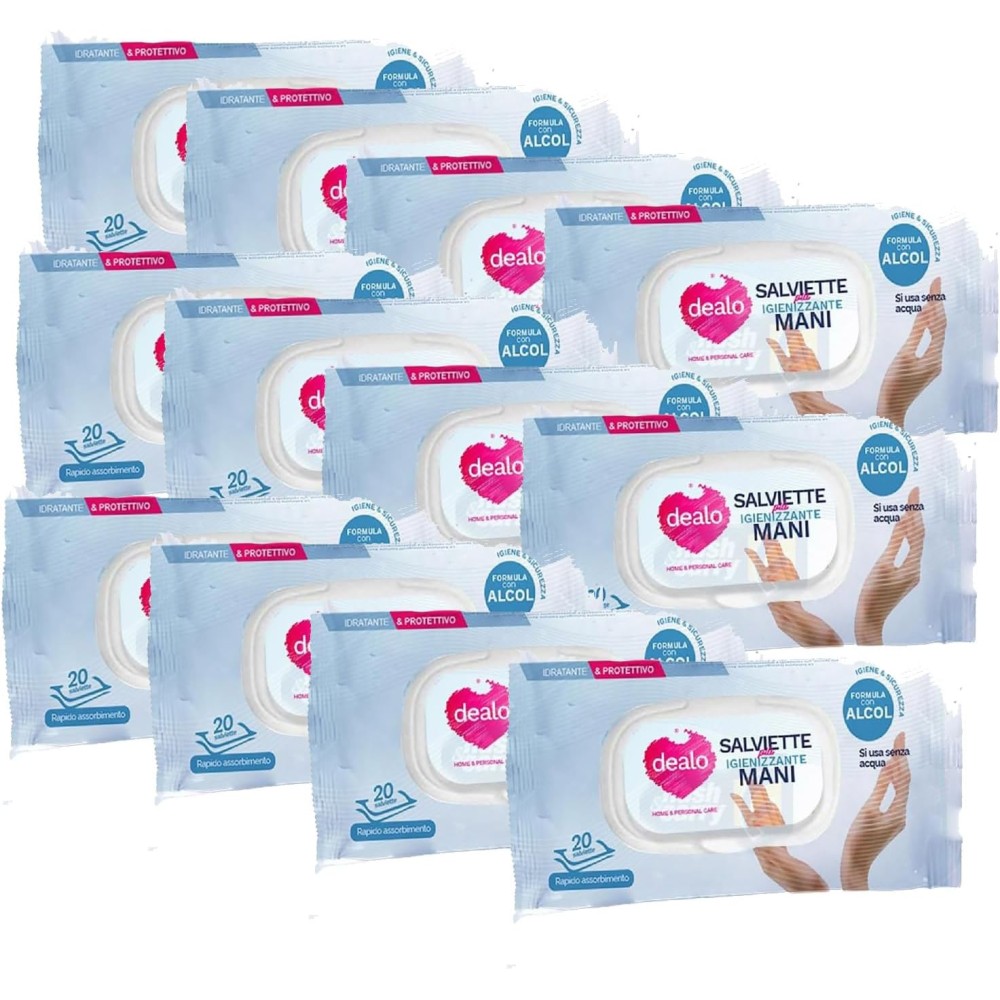 12 X Dea-lo Salviette piu' Igienizzante Mani formula con alcol 20 Pz Ideali per igienizzare le mani