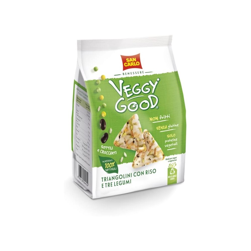 8X San Carlo Benessere Veggy Good Mini Gallette a Forma di Triangolini con Riso e Tre Legumi 65g - Snack Vegano e Senza Glutine
