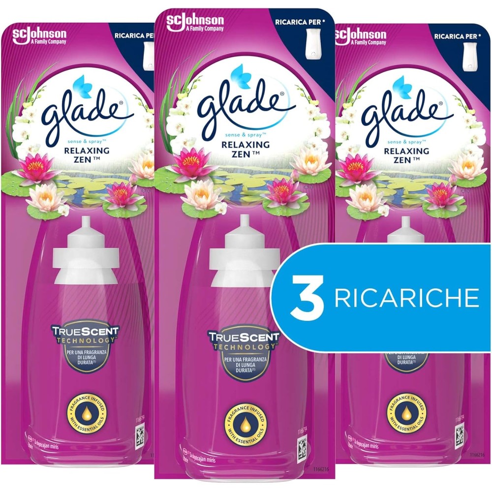 Glade Sense & Spray Profumatore per Ambienti con Oli Essenziali Fragranza Relaxing Zen, 3 Ricariche