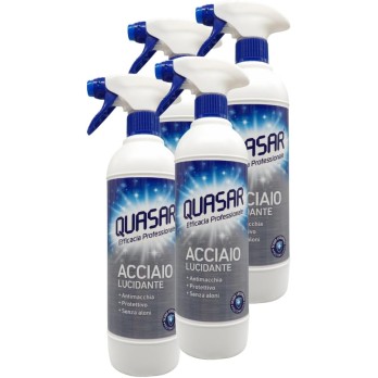3x Quasar Detergente Spray ACCIAIO LUCIDANTE, Antimacchia, Protettivo, Senza Aloni 580ml + Panno In Lattice 30x30cm