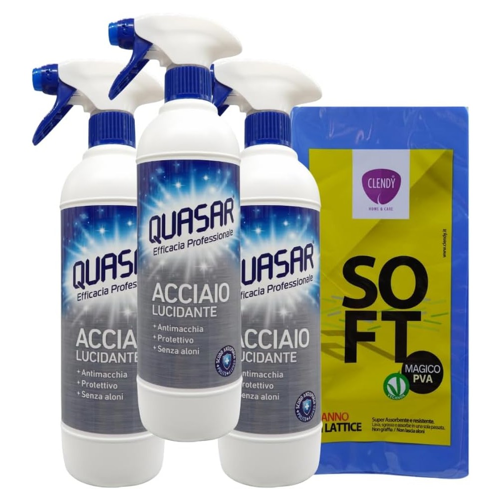 3x Quasar Detergente Spray ACCIAIO LUCIDANTE, Antimacchia, Protettivo, Senza Aloni 580ml + Panno In Lattice 30x30cm