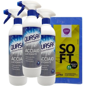 3x Quasar Detergente Spray ACCIAIO LUCIDANTE, Antimacchia, Protettivo, Senza Aloni 580ml + Panno In Lattice 30x30cm