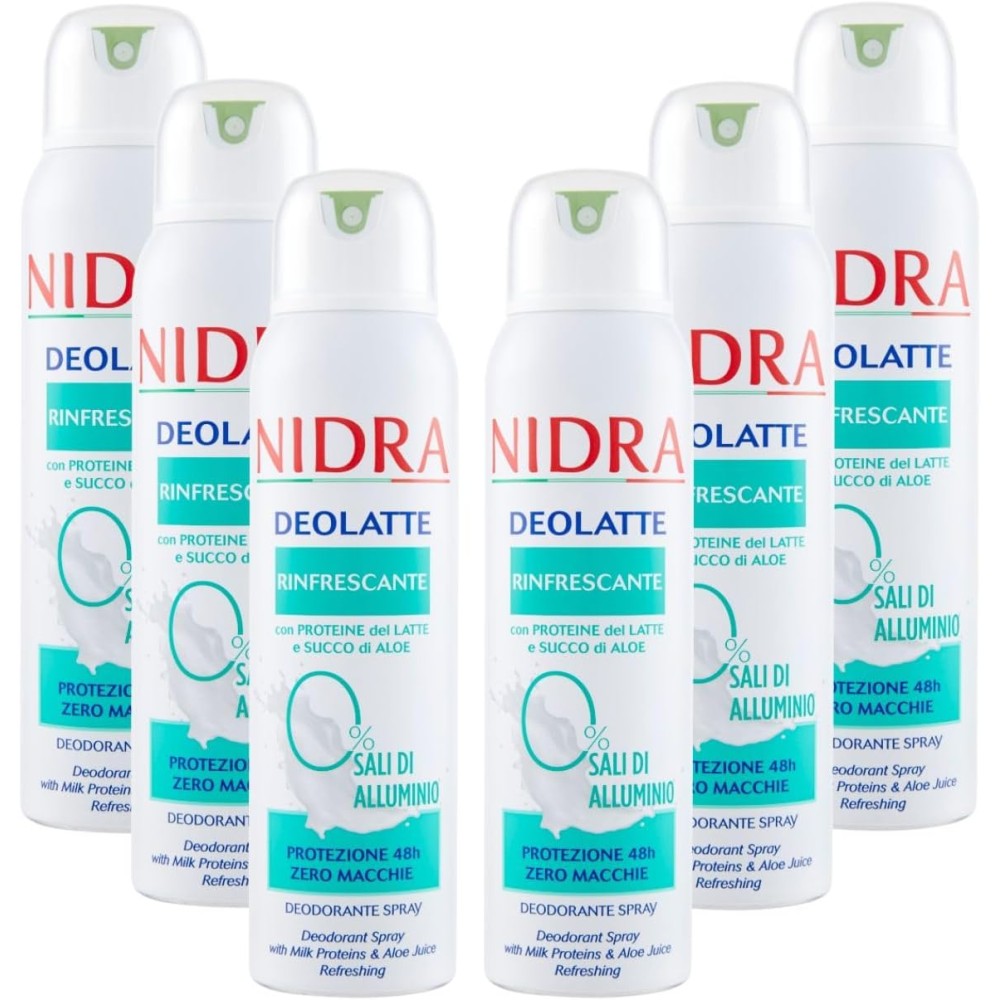NIDRA | Deolatte Spray Rinfrescante, 6x150 ml | Con Succo di Aloe e Proteine del Latte