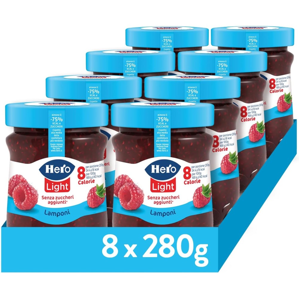 Hero Light Confettura di Lamponi Senza Zuccheri Aggiunti, 8x280g