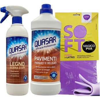 QUASAR: Detergente Pavimenti PARQUET E DELICATI 1000ml + Spray LEGNO CON CERA D'API 580ml + Panno Lattice SOFT30x30cm
