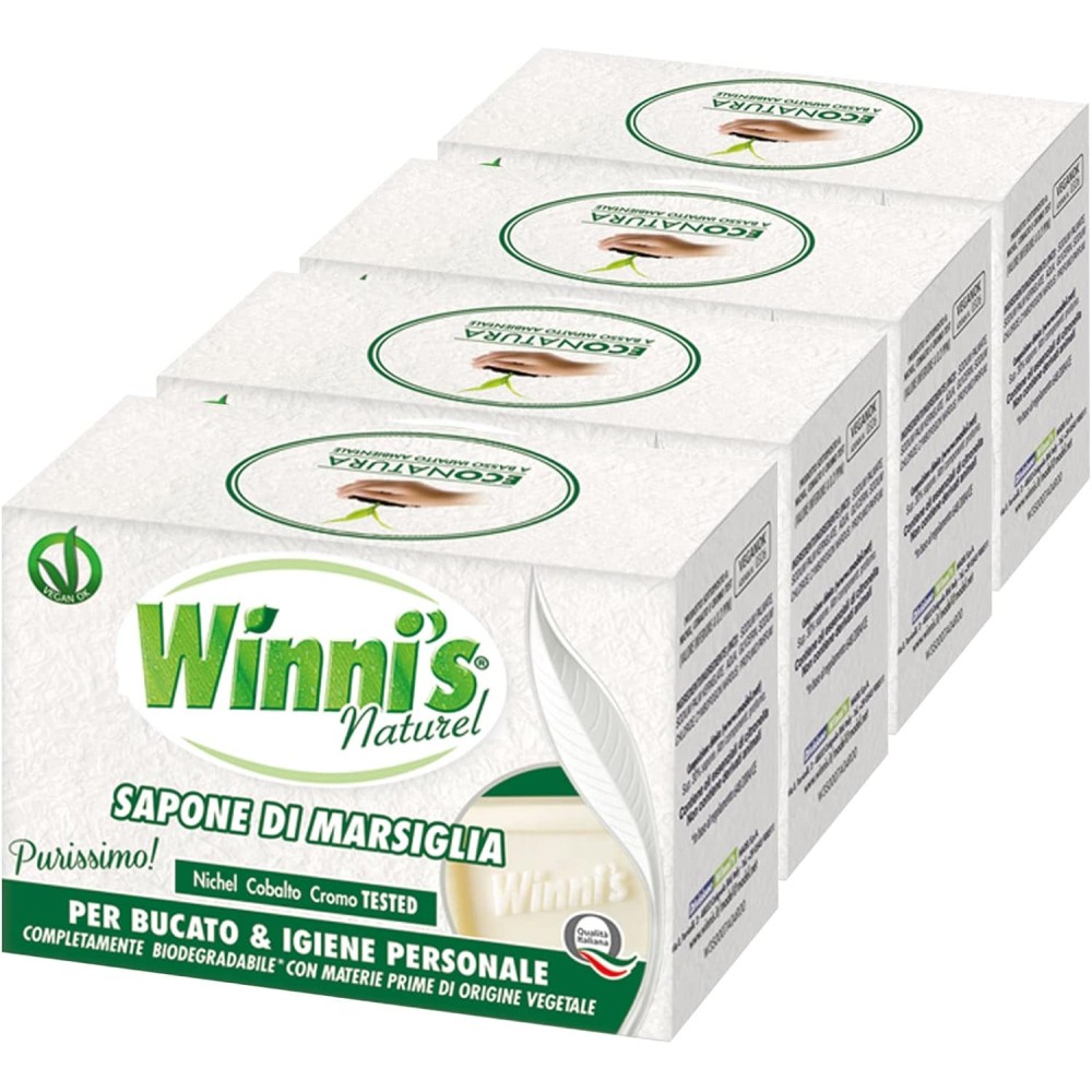 4 Saponette da 250g Winni's Naturel Sapone di Marsiglia Purissimo Solido per Bucato e Igiene Personale