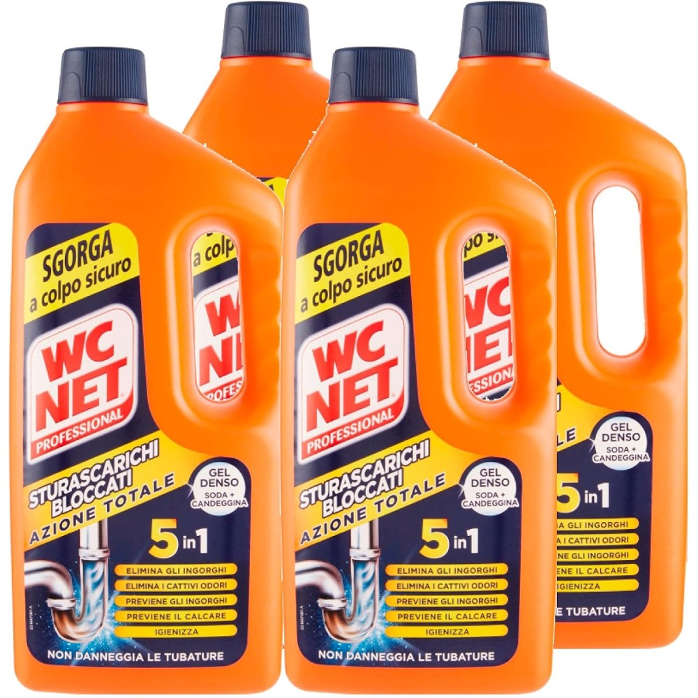 Wc Net Professional - Sturascarichi 5 Azioni in 1, Disgorgante Gel per Scarichi Professionale 1000 ml x 4