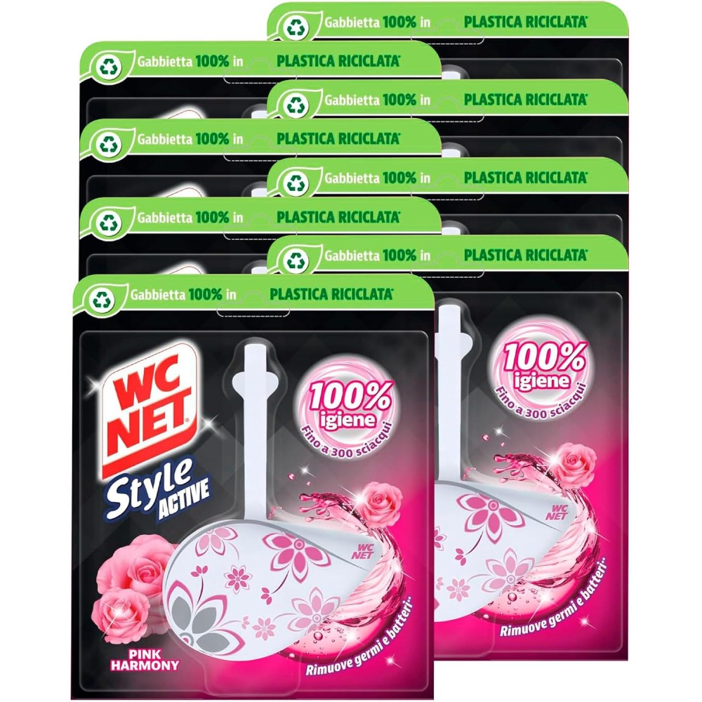 Wc Net - Tavoletta Style Active, Detergente Igienizzante Solido per WC Fragranza Pink Harmony 8 Pezzi