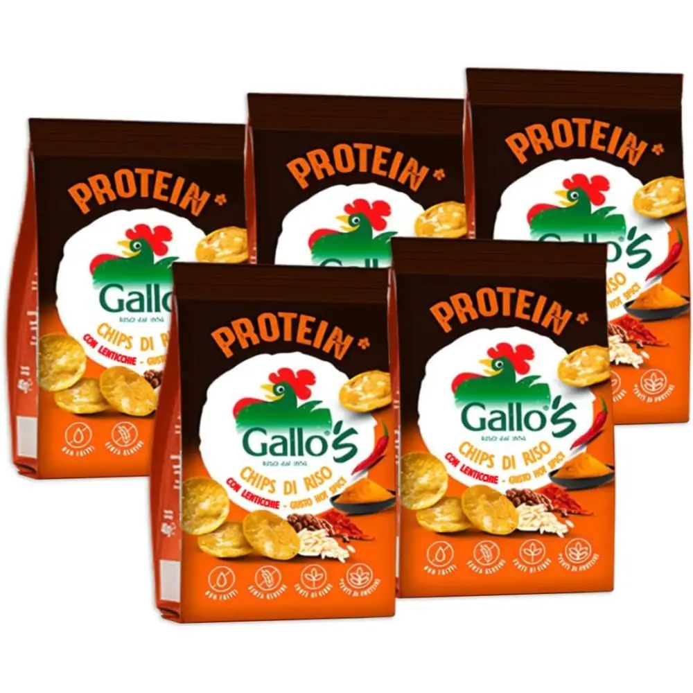 5X Gallo’s Protein Chips di Riso Integrale e Lenticchie al Gusto Hot Spicy 40g
