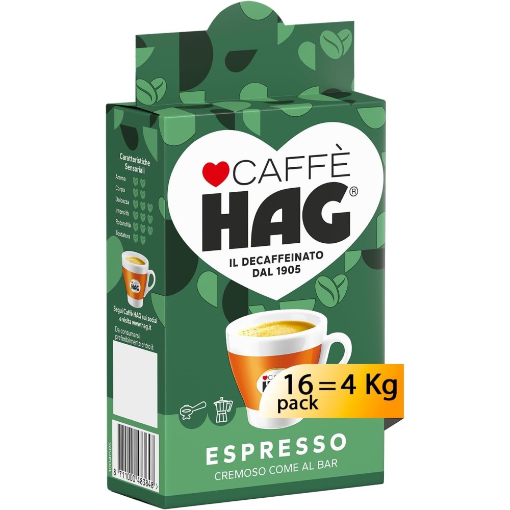 4 Hag Caffè Macinato Decaffeinato Gusto Espresso Macinato Fresco 250 gr