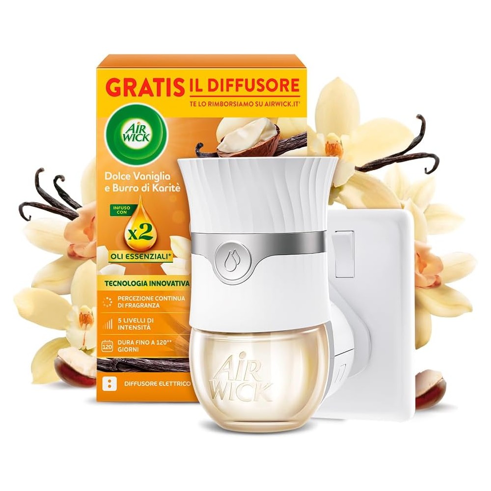 Air Wick Diffusore Elettrico di Oli Essenziali 1 Diffusore completo gadget, 1 Ricarica Dolce Vaniglia e Burro di Karitè
