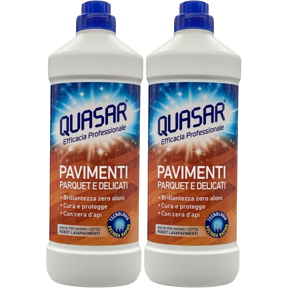 2x Quasar Detersivo PAVIMENTI PARQUET E DELICATI. Con Tecnologia Asciuga Rapido, Ideale Anche Per Robot Lavapavimenti 1000ml