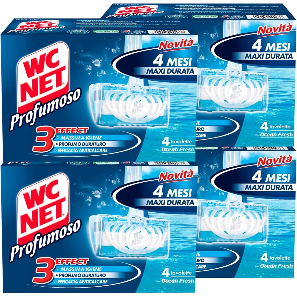 Wc Net - Tavoletta Profumoso 3 Effect, Detergente Igienizzante Solido per WC, Fragranza Ocean Fresh, 4 Pezzi x 4 Confezioni