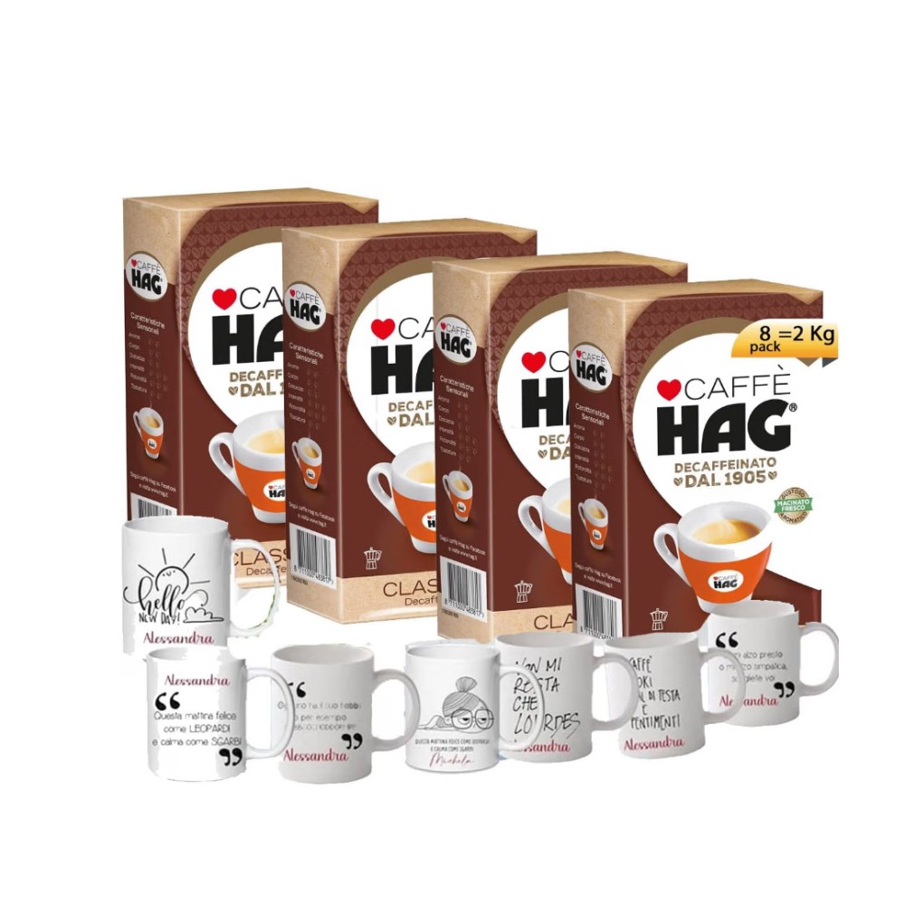 Hag Caffè Macinato Decaffeinato Gusto Classico Macinato Fresco +2 tazzine personalizzate 8 confezioni da 250 gr (totale 2 kg)