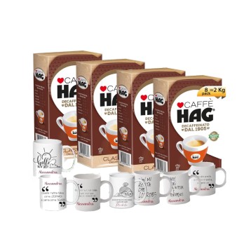 Hag Caffè Macinato Decaffeinato Gusto Classico Macinato Fresco +2 tazzine personalizzate 8 confezioni da 250 gr (totale 2 kg)