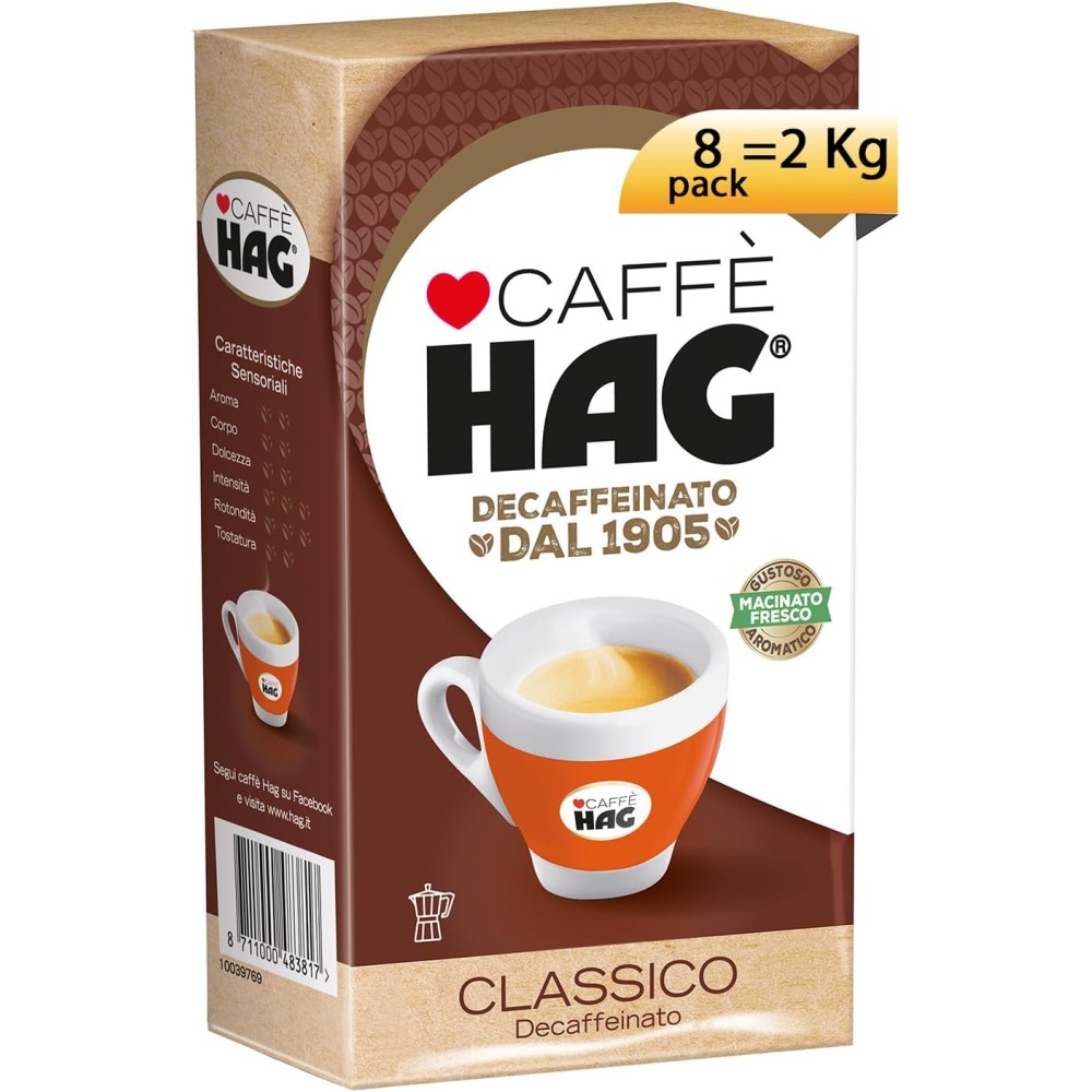 16 X Hag - Caffè Macinato Decaffeinato Gusto Classico Macinato Fresco - Chicchi Pregiati di Arabica e Robusta 250 gr