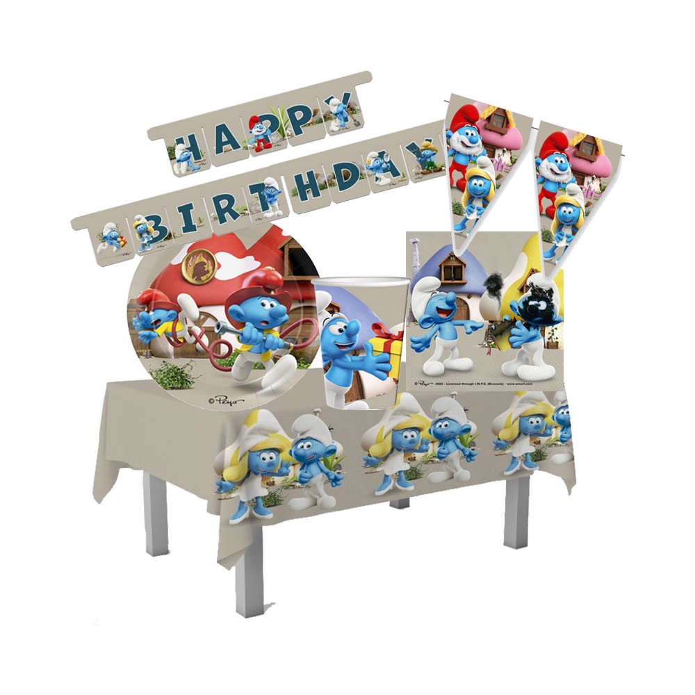Kit 40 Persone Puffi con ghirlanda e bandierine