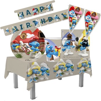 Kit 40 Persone Puffi con ghirlanda e bandierine