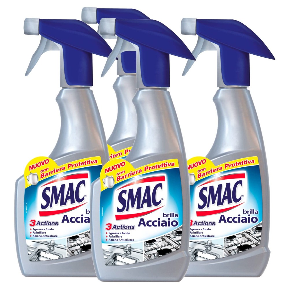 Smac - Brilla Acciaio, Detergente Spray, Azione Anticalcare e Lucidante, con Barriera Protettiva, 520 ml x 4 Pezzi