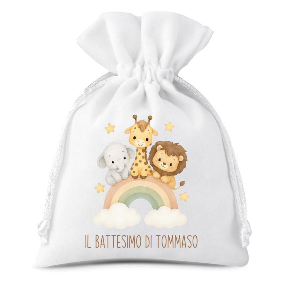 10 Sacchetti Battesimo animaletti arcobaleno personalizzabili
