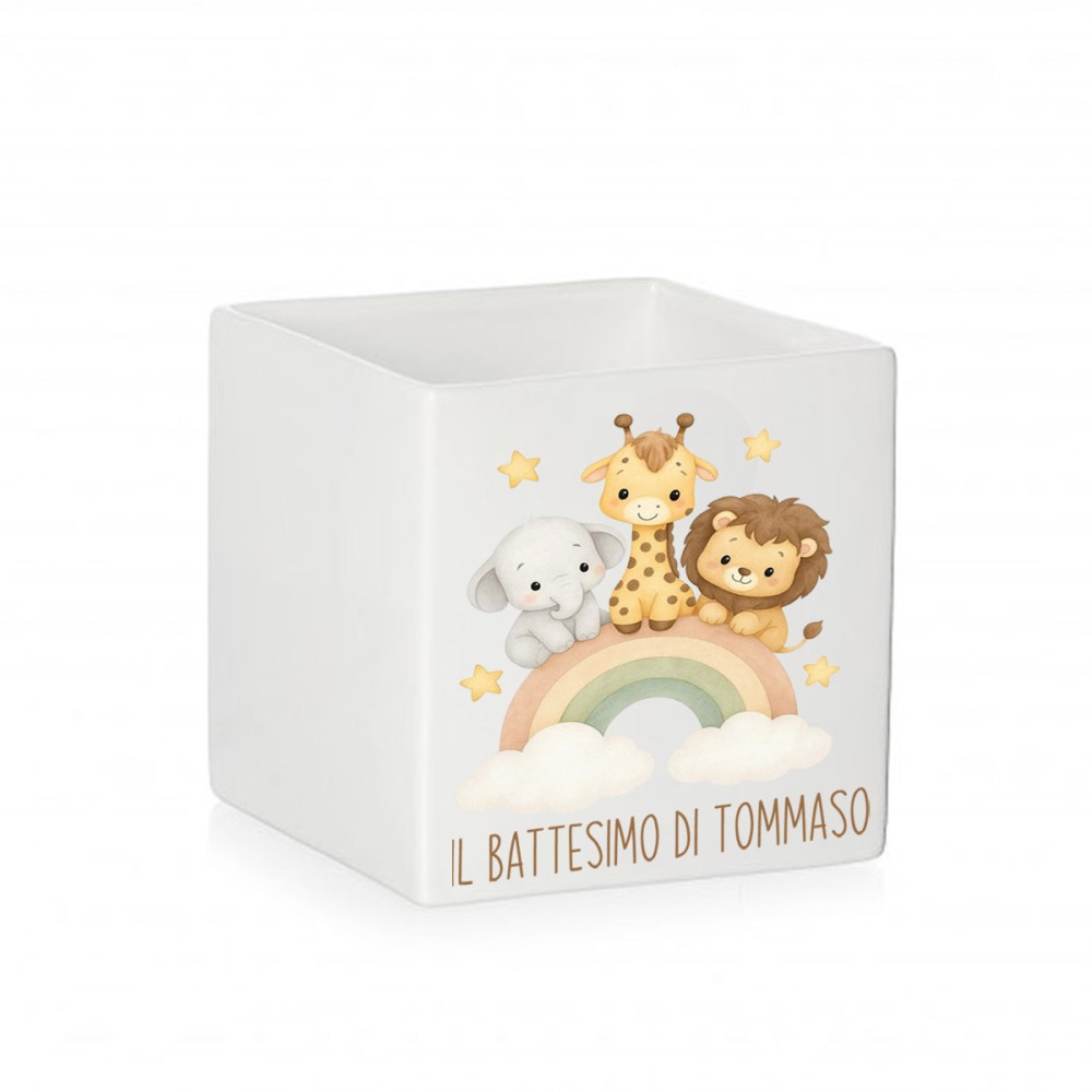 Vaso cubo Battesimo animaletti arcobaleno personalizzabile - 6 pz