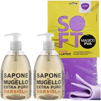 Sapone Extra Puro,MARSIGLIA  Con Estratto Biologico Di Foglia Di Olivo 500ml + Panno SOFT Lattice30x30cm 6 Unità + Panno