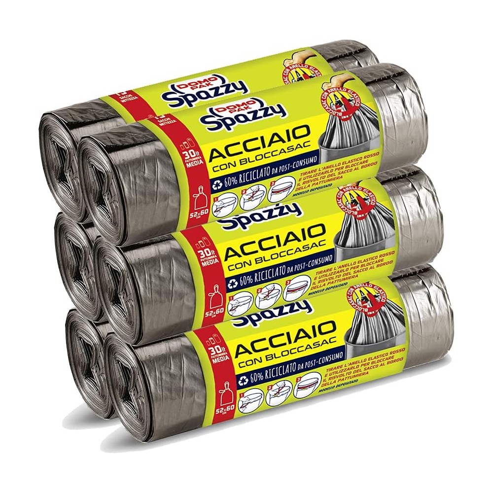 Domopak Spazzy Sacchi Nettezza Acciaio 30Lt - 6 Confezioni da 15 Pezzi