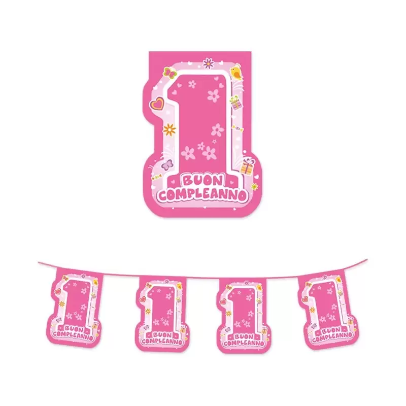 FESTONE BANDIERINA BUON PRIMO COMPLEANNO 1 ANNO ONE PINK ROSA BAMBINA ADDOBBO 