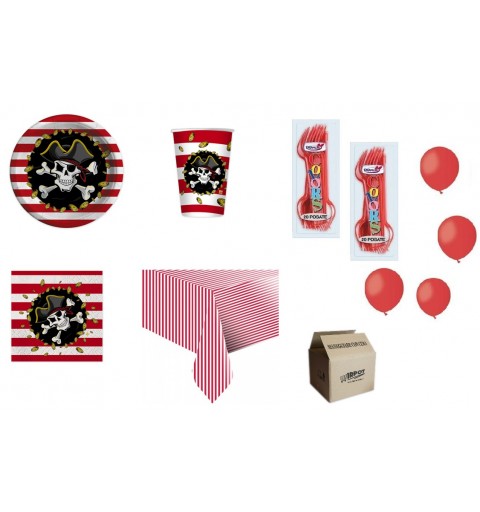 KIT N.6 -  COORDINATO COMPLEANNO PIRATI STRISCE ROSSE + FORCHETTE E PALLONCINI ROSSI