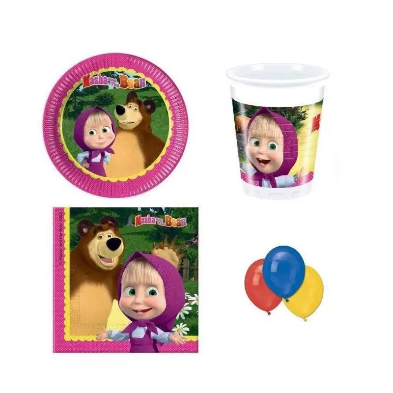 IRPot - KIT N22 MASHA E ORSO SET ADDOBBI COORDINATO TAVOLA COMPLEANNO BAMBINA