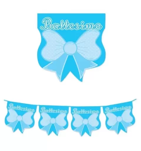 FESTONE BANDIERINE BATTESIMO FIOCCO QUADRATO CELESTE 61651 DECORAZIONE FESTA 