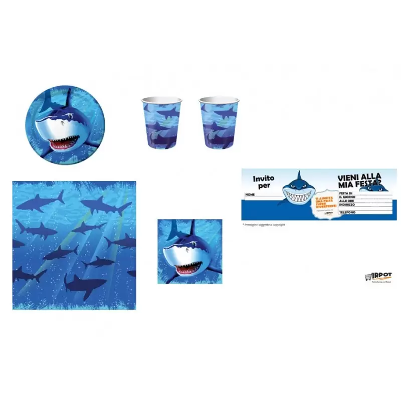 KIT N 9 COMPLEANNO SQUALI SHARK SPLASH SQUALO COORDINATO COMPLEANNO BAMBINO