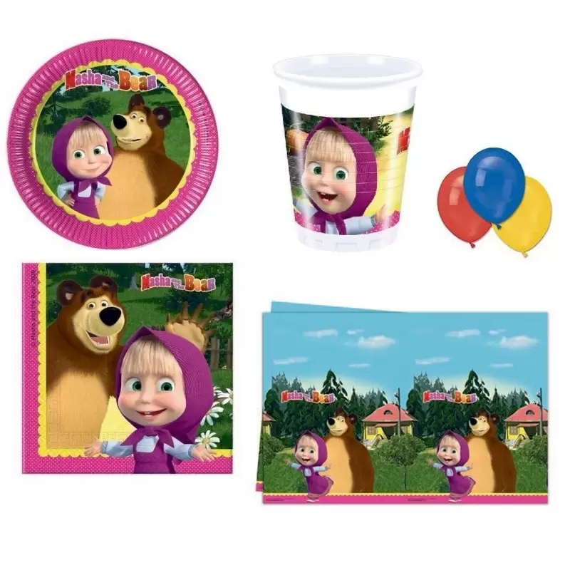 IRPot - KIT N 4 COORDINATO TAVOLA MASHA E ORSO + 100 PALLONCINI COLORATI