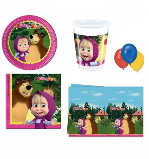 IRPot - KIT N 4 COORDINATO TAVOLA MASHA E ORSO + 100 PALLONCINI COLORATI