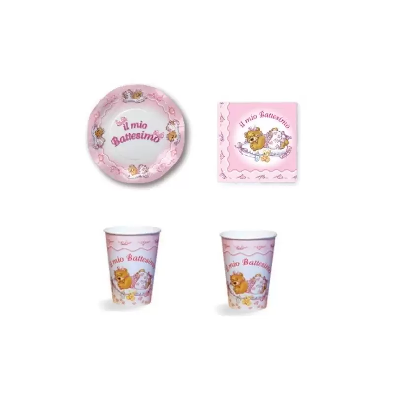 COORDINATO TAVOLA PER FESTA BATTESIMO BAMBINA TEMA ORSETTO 260 PZ