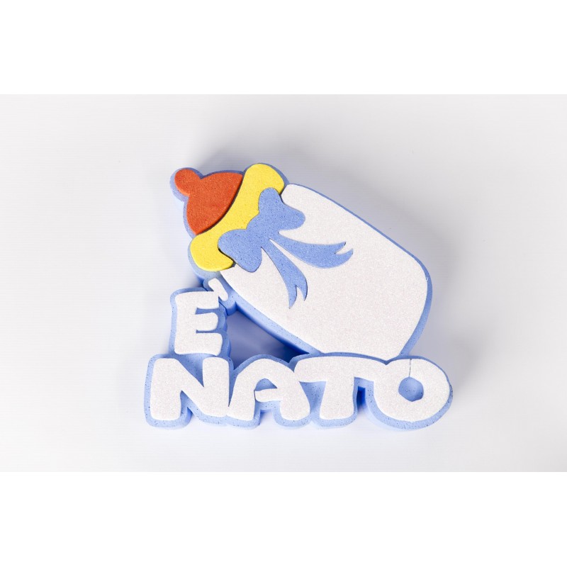DECORAZIONE E' NATO NASCITA GLITTERATA IN POLISTIROLO BIBERON CELESTE CI114