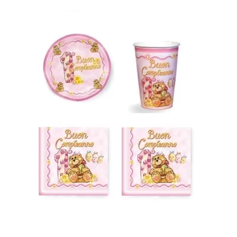 IRPot - KIT N29 COORDINATO TAVOLA 1 ANNO ORSETTO NEW ROSA BIMBA BAMBINA FESTA