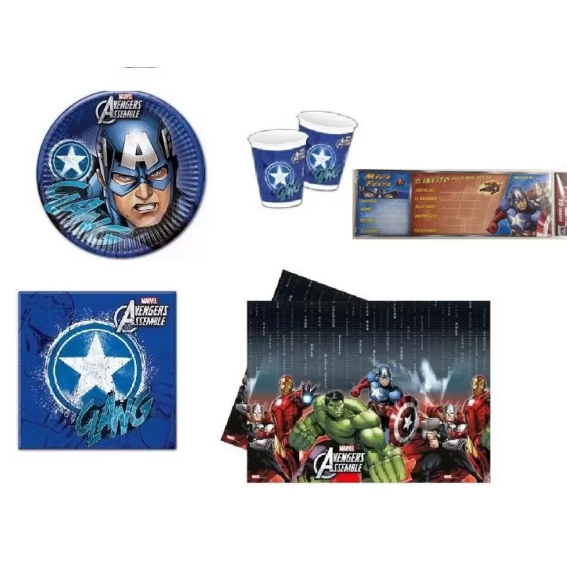 COORDINATO TAVOLA CAPITAN AMERICA COMPLEANNO KIT N 9 BAMNBINO CON INVITI