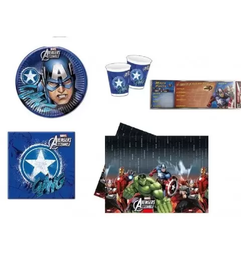 COORDINATO TAVOLA CAPITAN AMERICA COMPLEANNO KIT N 9 BAMNBINO CON INVITI