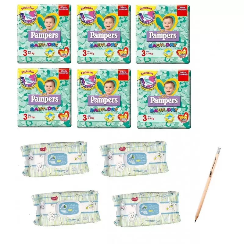 PANNOLINI PAMPERS BABY DRY TG. 3 6 PACCHI + 4 CONF. SALVIETTINE DEALO