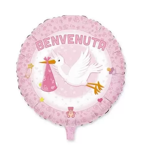 PALLONCINO FOIL BENVENUTA CICOGNA ROSA 61287  ADDOBBO NASCITA BIMBA BAMBINA 