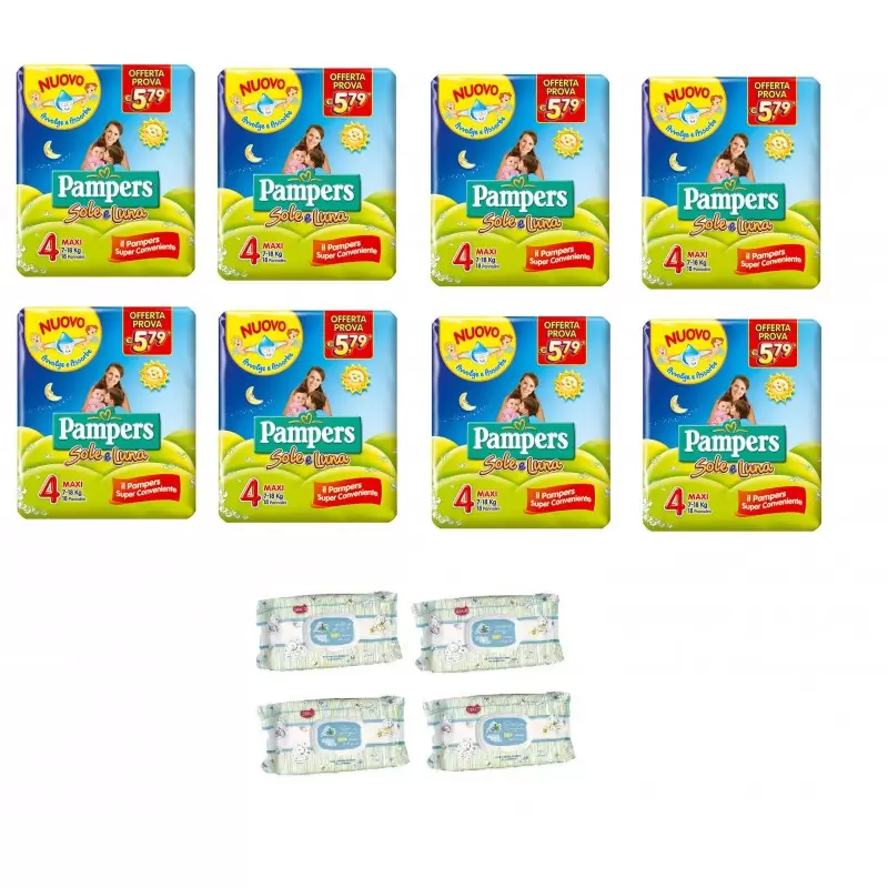 PANNOLINI PAMPERS SOLE E LUNA TG. 3 6 PACCHI + 4 SALVIETTINE DEALO