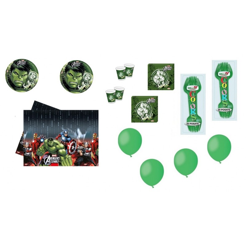 kit hulk con forchette e palloncini verdi
