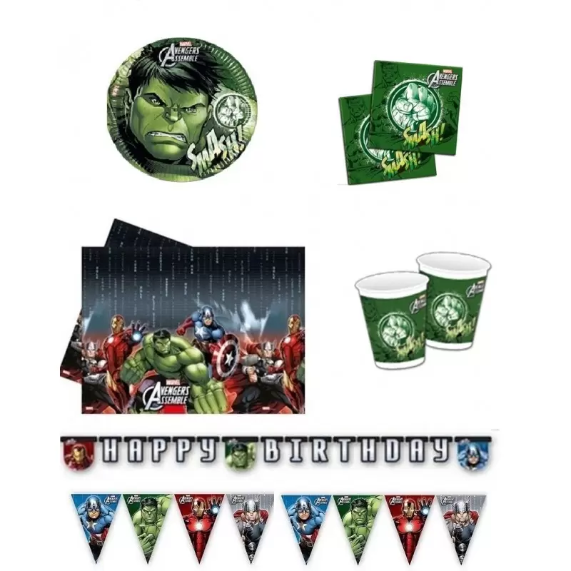 KIT N 17 COORDINATO TAVOLA INCREDIBILE HULK SET COMPLEANNO BAMBINO BANDIERINE